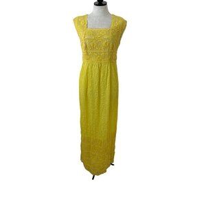 Tipicano Vintage Womens Maxi Dress Size Medium Yellow Cotton Crochet Square Neck